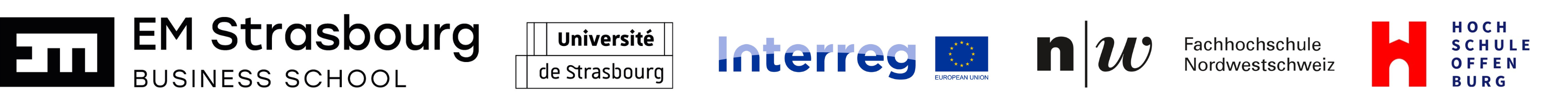 Logos EM Strasbourg, Université de Strasbourg et Interreg